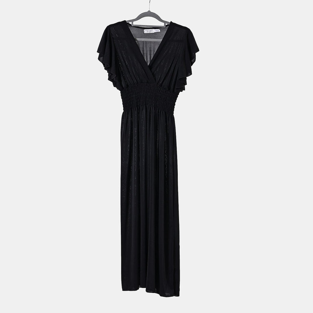 Tamsy Flutter Sleeves Smocked Midi Dress (One Size 8-18) - Black