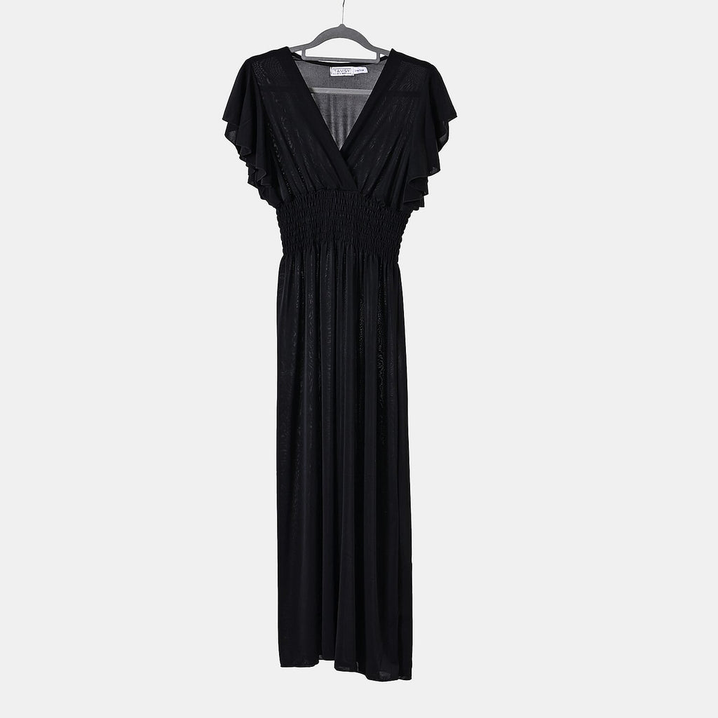 Tamsy Flutter Sleeves Smocked Midi Dress (One Size 8-18) - Black