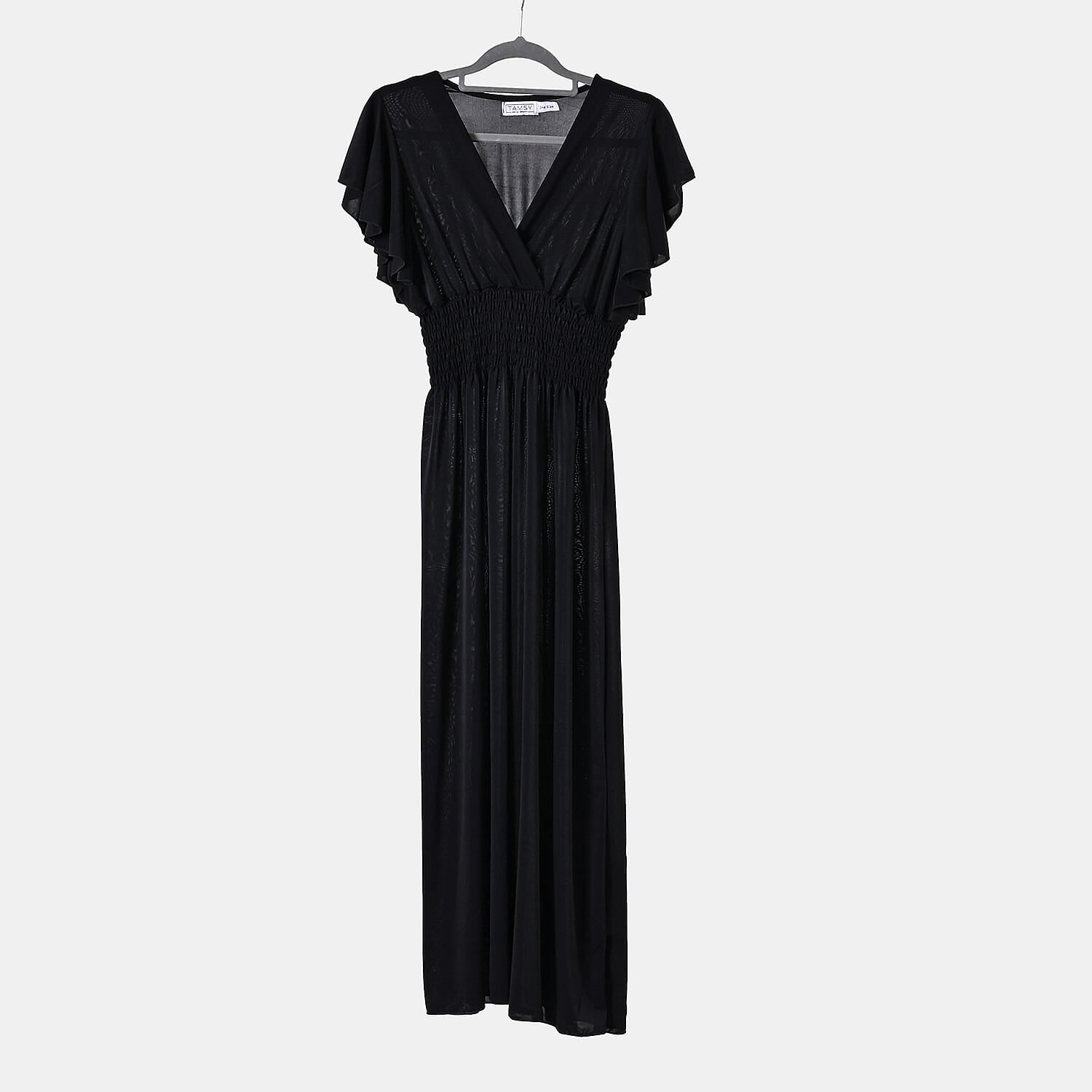 Tamsy Flutter Sleeves Smocked Midi Dress (One Size 8-18) - Black