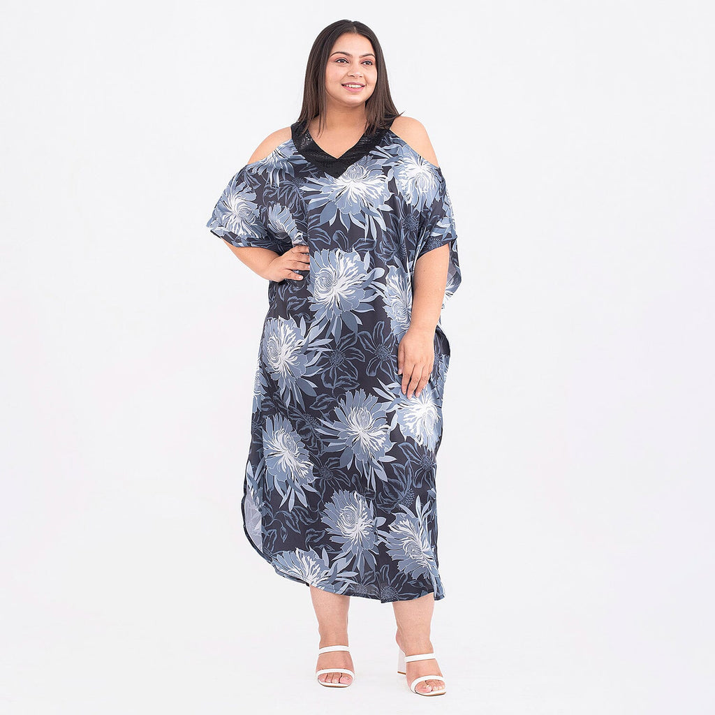 Floral Pattern Satin Sequin Trim Kaftan (One Size Curve, 20-26) - Black, Light Grey and Multi