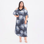 Floral Pattern Satin Sequin Trim Kaftan (One Size Curve, 20-26) - Black, Light Grey and Multi