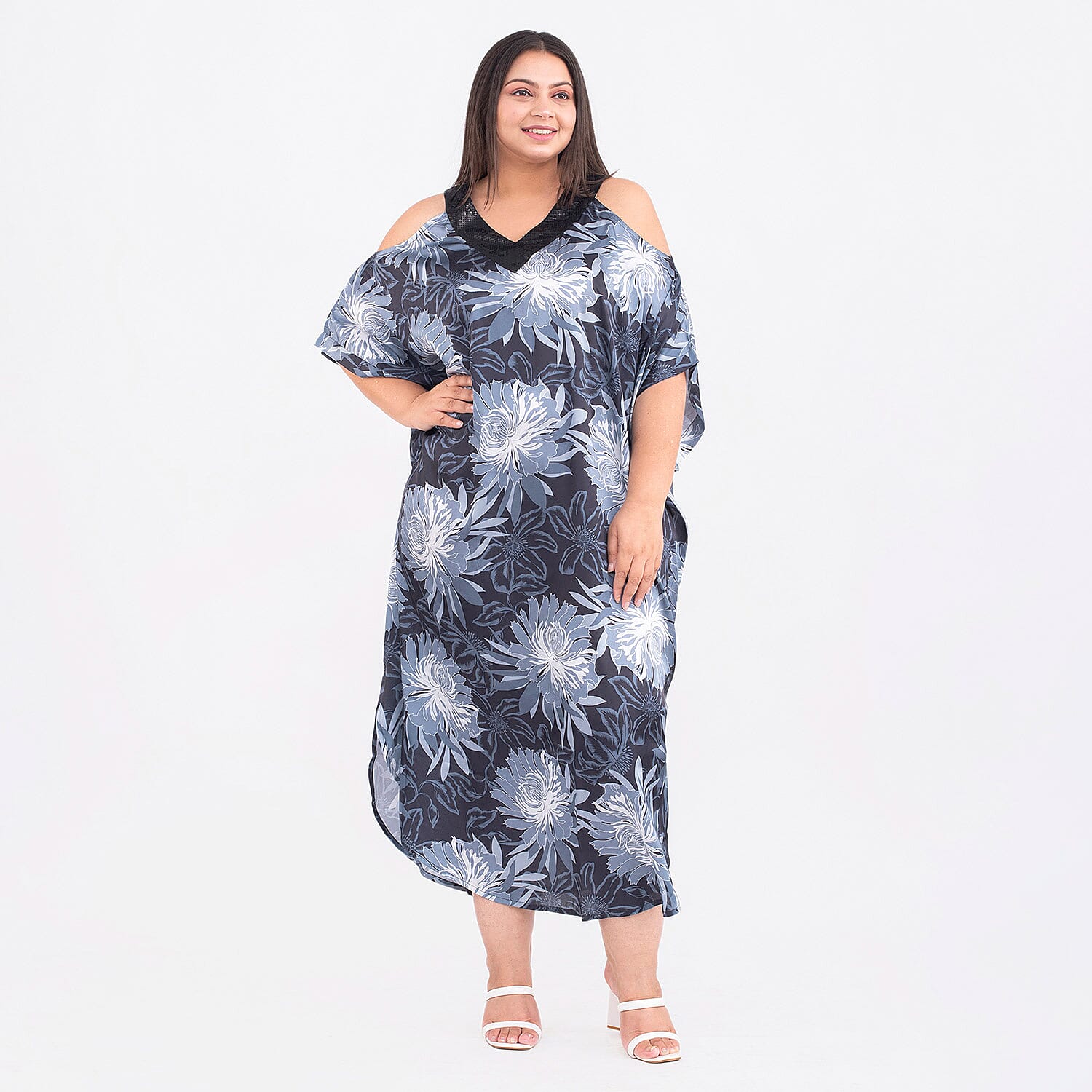 Floral Pattern Satin Sequin Trim Kaftan (One Size Curve, 20-26) - Black, Light Grey and Multi