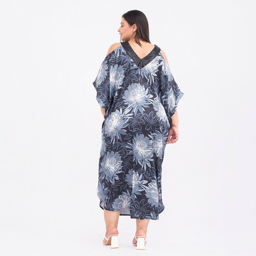 Floral Pattern Satin Sequin Trim Kaftan (One Size Curve, 20-26) - Black, Light Grey and Multi