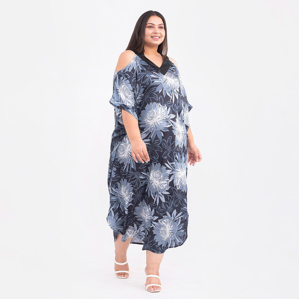 Floral Pattern Satin Sequin Trim Kaftan (One Size Curve, 20-26) - Black, Light Grey and Multi