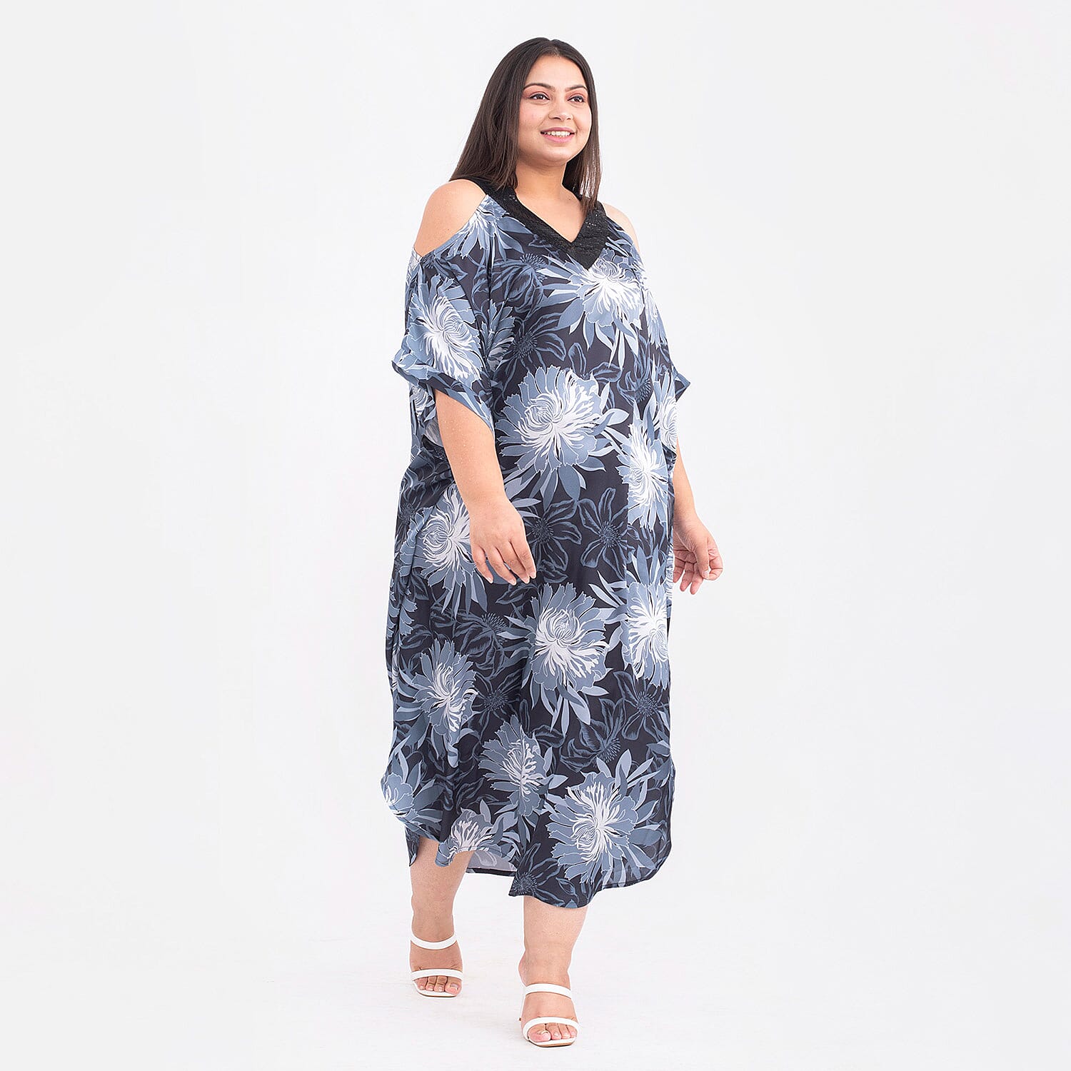 Floral Pattern Satin Sequin Trim Kaftan (One Size Curve, 20-26) - Black, Light Grey and Multi