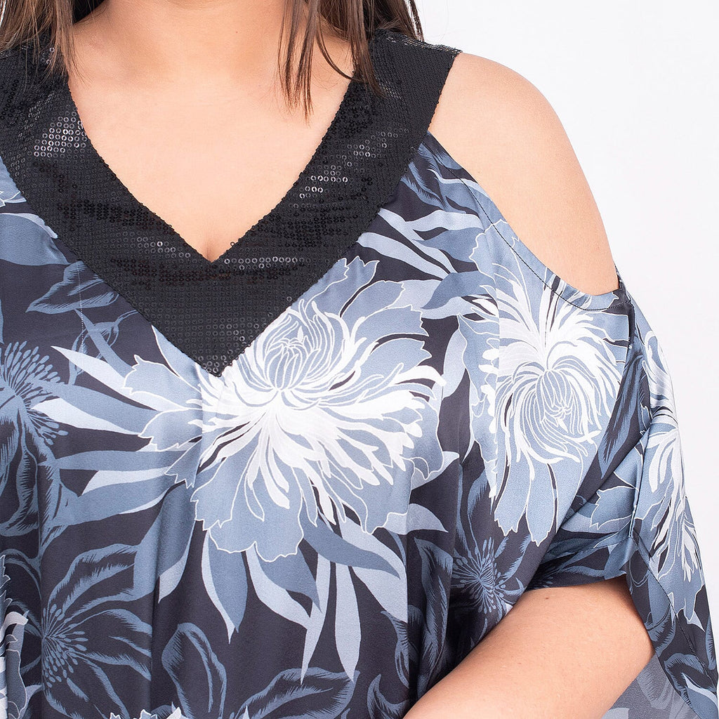 Floral Pattern Satin Sequin Trim Kaftan (One Size Curve, 20-26) - Black, Light Grey and Multi