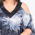 Floral Pattern Satin Sequin Trim Kaftan (One Size Curve, 20-26) - Black, Light Grey and Multi