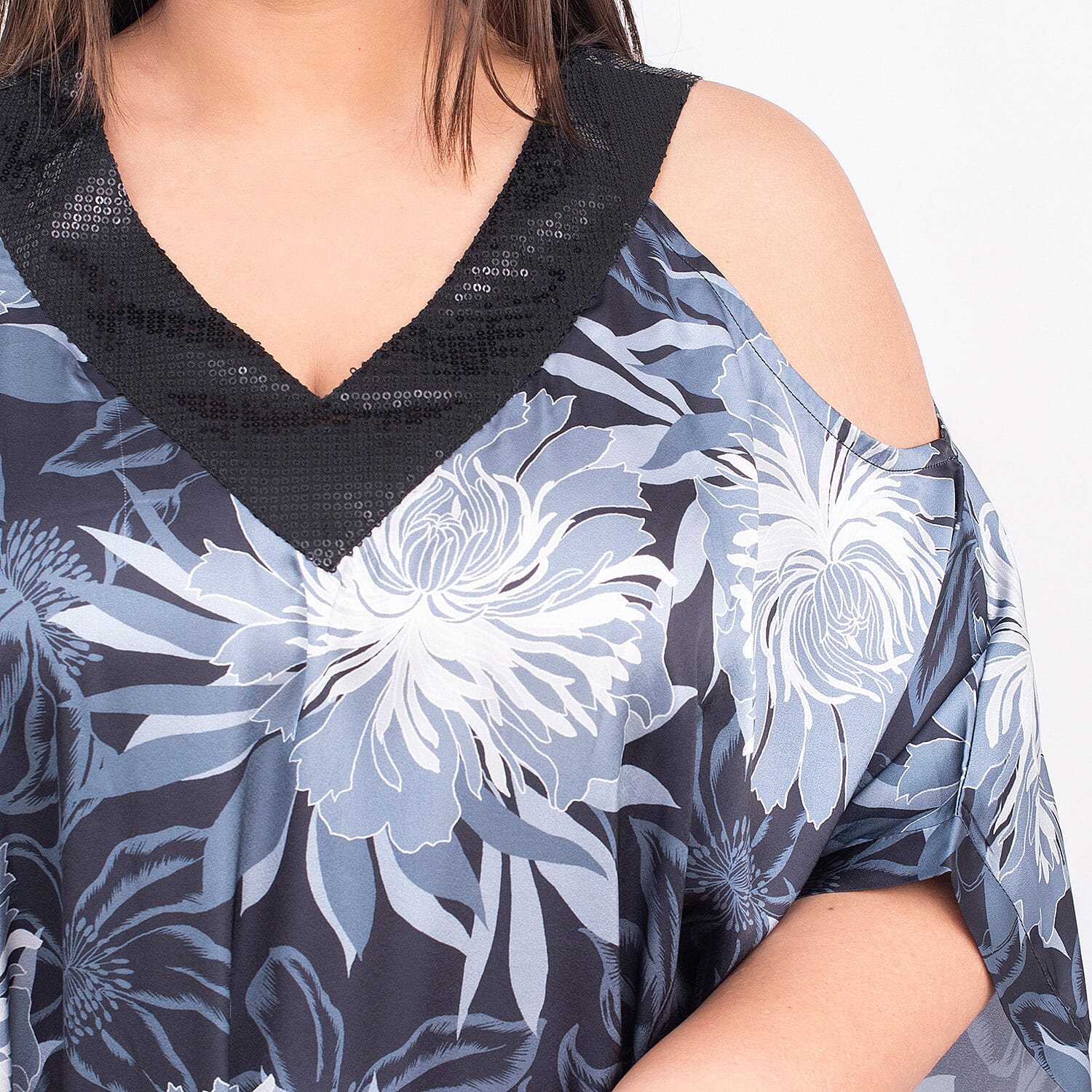 Floral Pattern Satin Sequin Trim Kaftan (One Size Curve, 20-26) - Black, Light Grey and Multi