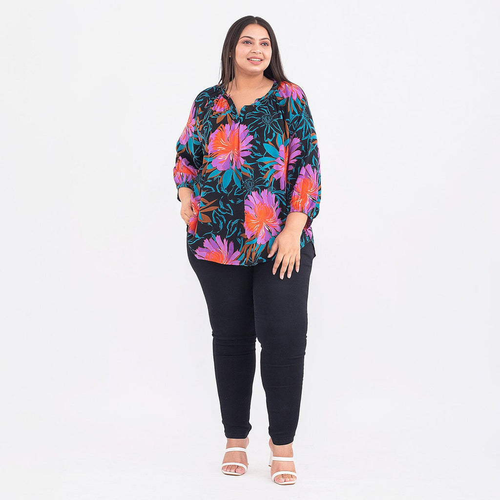 TAMSY Exclusive Floral Pattern Top (One Size, 8-18) - Black and Multi
