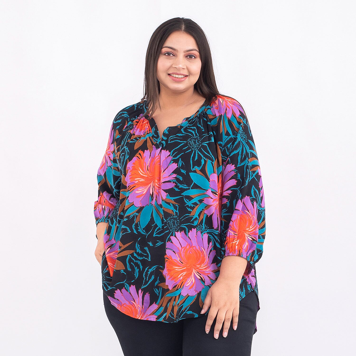 TAMSY Exclusive Floral Pattern Top (One Size, 8-18) - Black and Multi