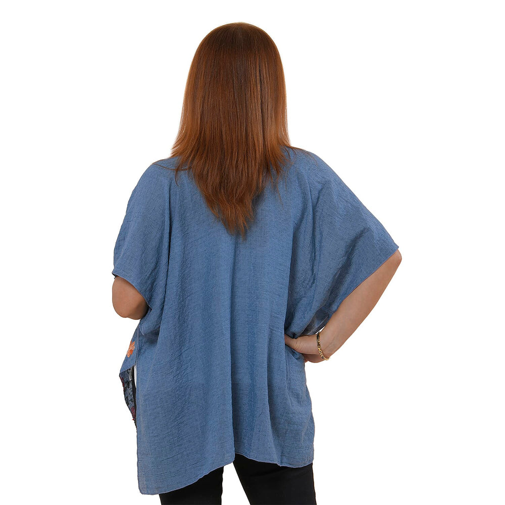 Tamsy Floral Embroidery Kimono (One Size) - Blue
