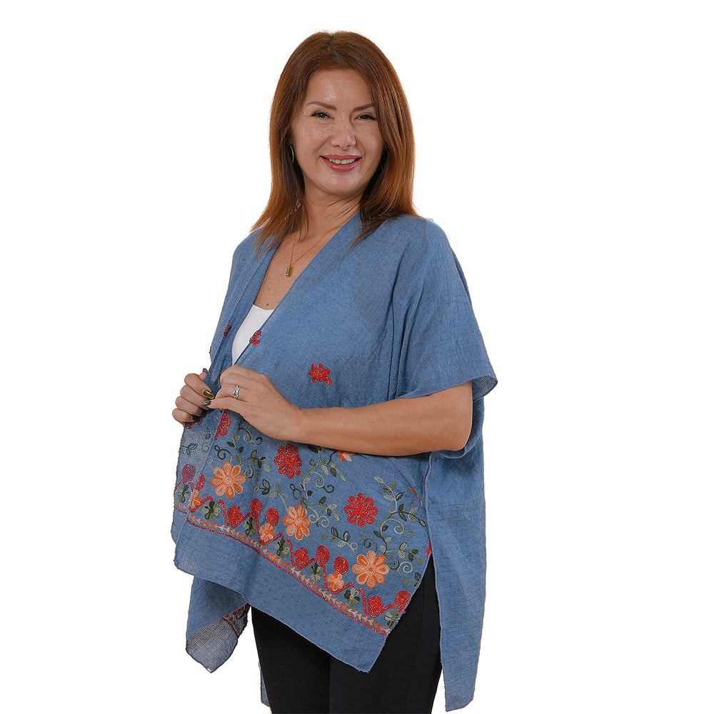 Tamsy Floral Embroidery Kimono (One Size) - Blue