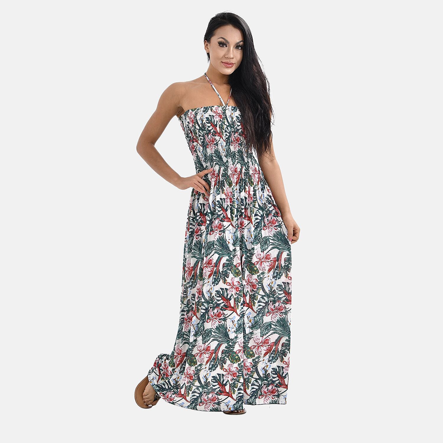 Tamsy Floral Printed Smock Dress (One Size Curve, 20-26) - Green