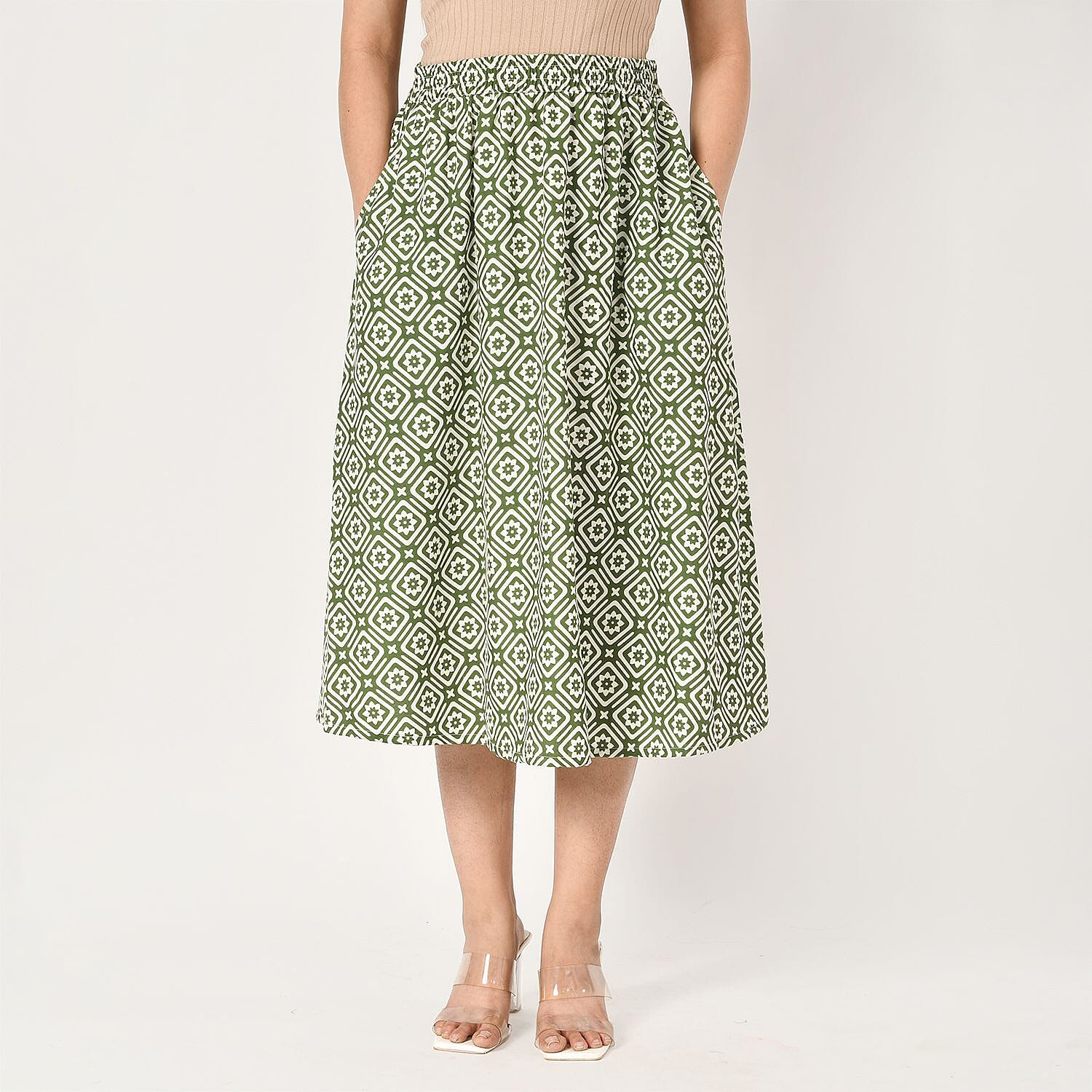 TAMSY 100% Viscose Geometric Pattern Skirt with Elastic Waist (Size L) - Green