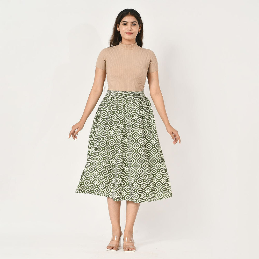 TAMSY 100% Viscose Geometric Pattern Skirt with Elastic Waist (Size XL) - Green