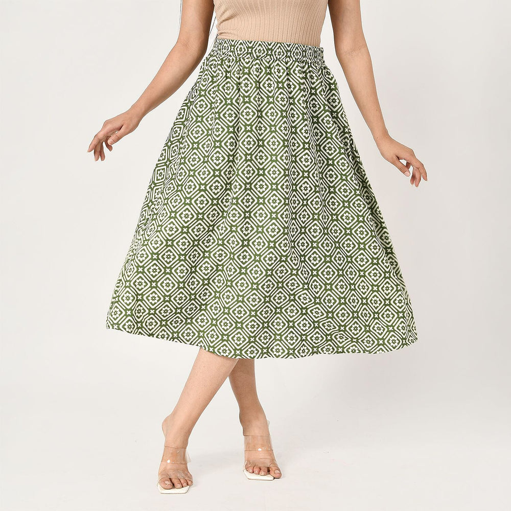 TAMSY 100% Viscose Geometric Pattern Skirt with Elastic Waist (Size XL) - Green