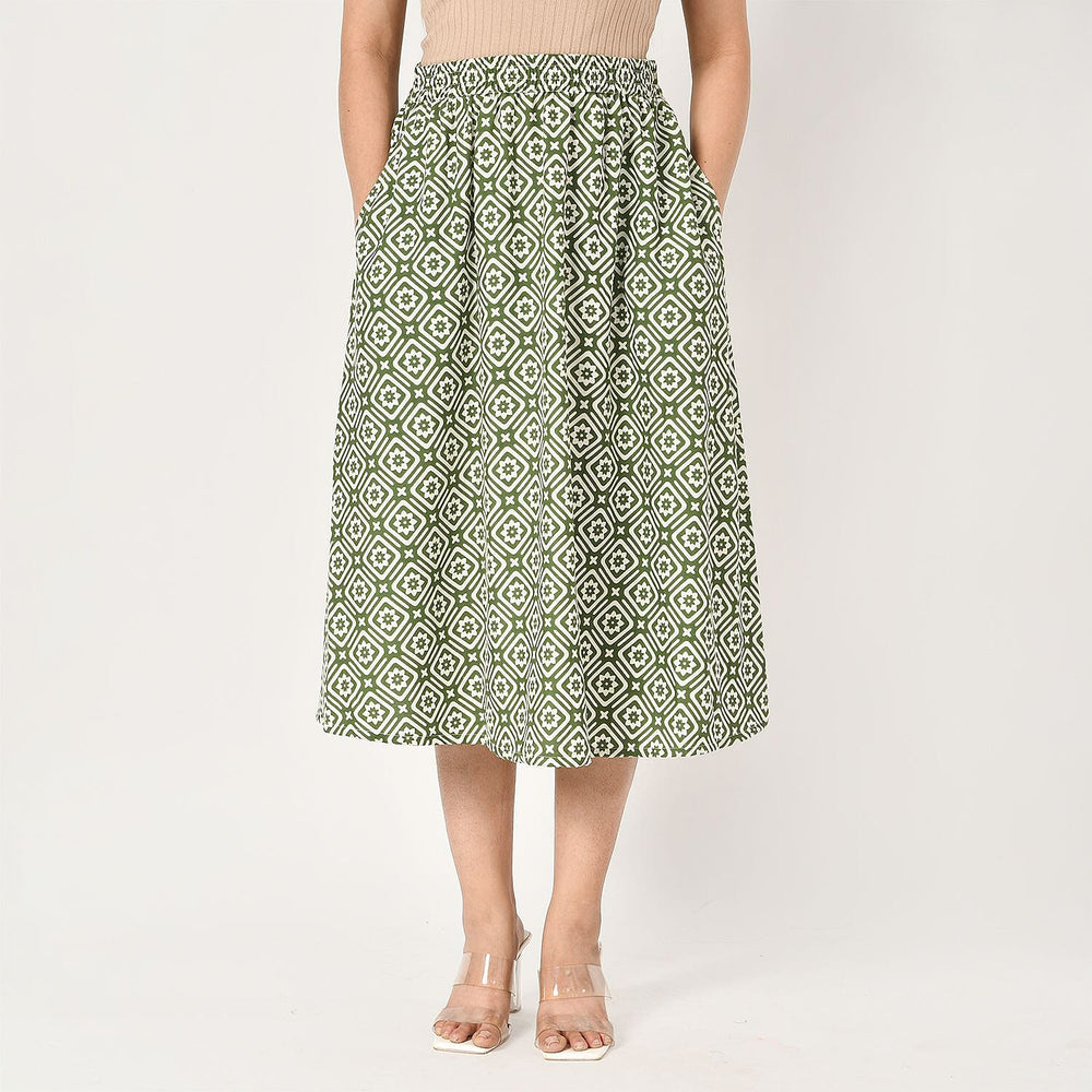 TAMSY 100% Viscose Geometric Pattern Skirt with Elastic Waist (Size XL) - Green