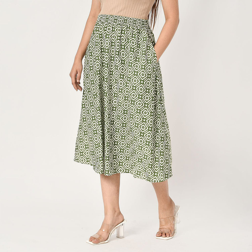 TAMSY 100% Viscose Geometric Pattern Skirt with Elastic Waist (Size XL) - Green