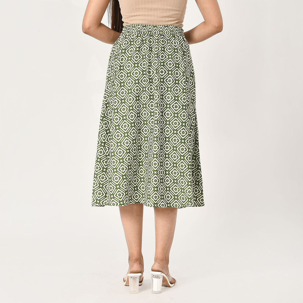 TAMSY 100% Viscose Geometric Pattern Skirt with Elastic Waist (Size XL) - Green