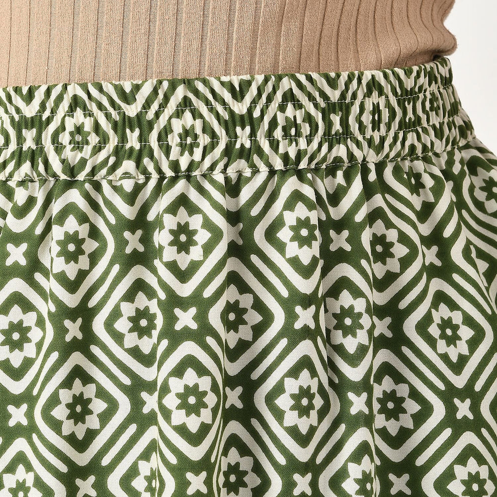 TAMSY 100% Viscose Geometric Pattern Skirt with Elastic Waist (Size XL) - Green