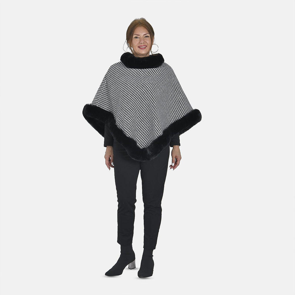 TAMSY Grid Pattern Double Layer Faux Fur Trim Poncho (Size 8-22) - Black - White