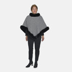 TAMSY Grid Pattern Double Layer Faux Fur Trim Poncho (Size 8-22) - Black - White