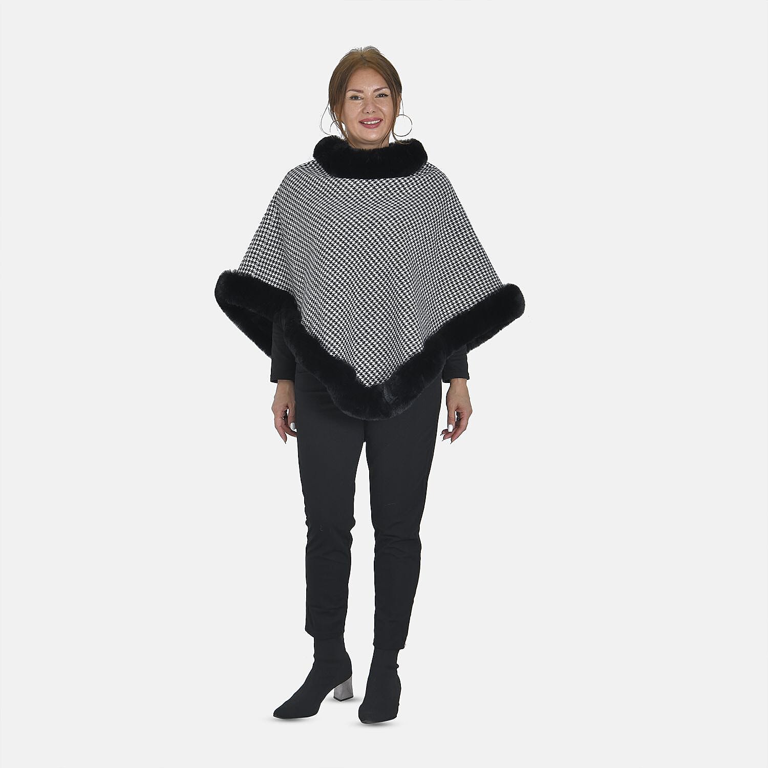 TAMSY Grid Pattern Double Layer Faux Fur Trim Poncho (Size 8-22) - Black - White