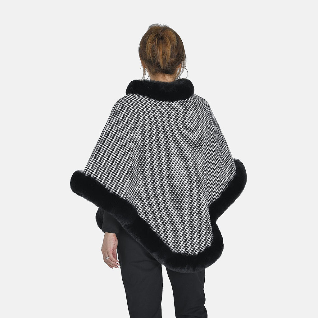 TAMSY Grid Pattern Double Layer Faux Fur Trim Poncho (Size 8-22) - Black - White