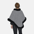 TAMSY Grid Pattern Double Layer Faux Fur Trim Poncho (Size 8-22) - Black - White