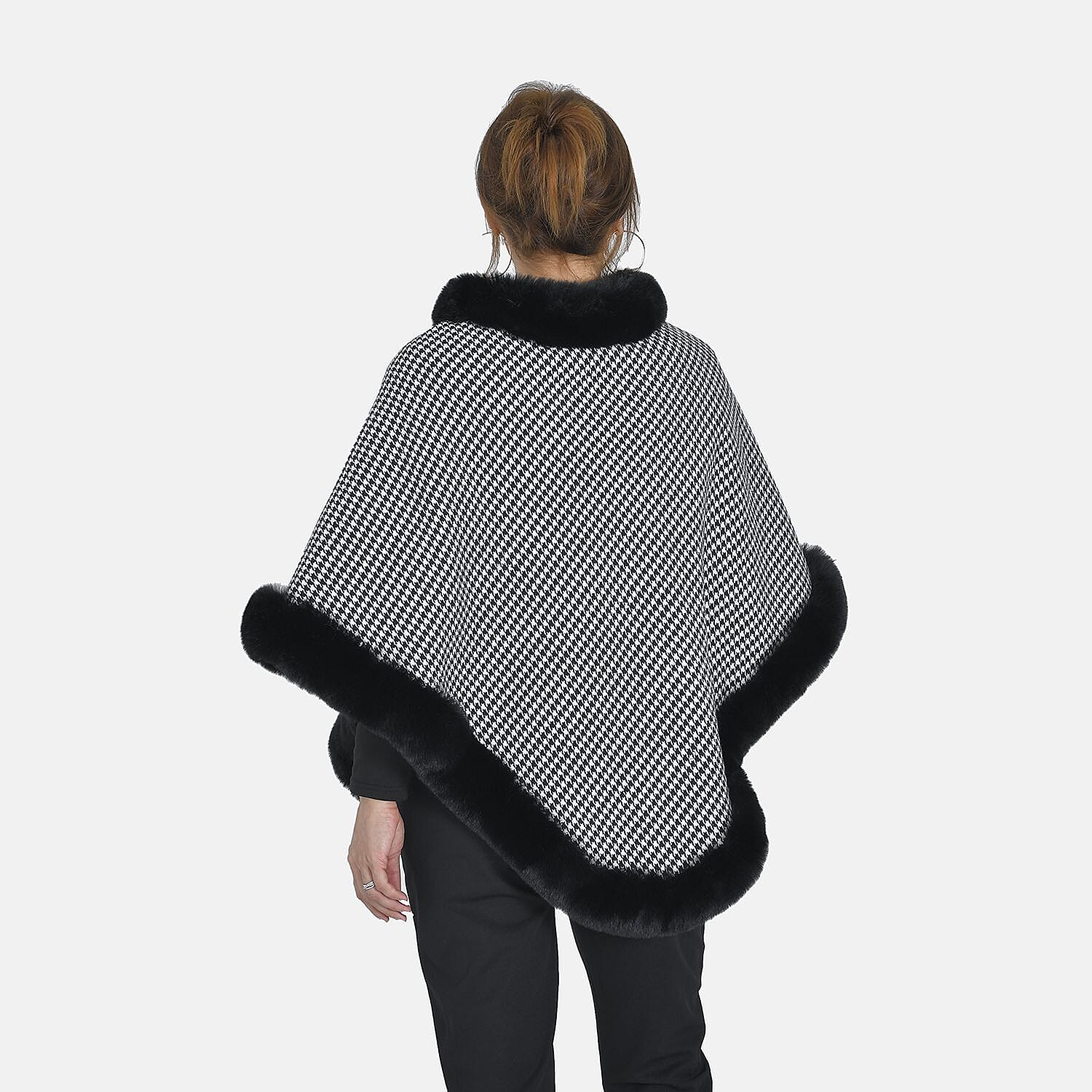 TAMSY Grid Pattern Double Layer Faux Fur Trim Poncho (Size 8-22) - Black - White