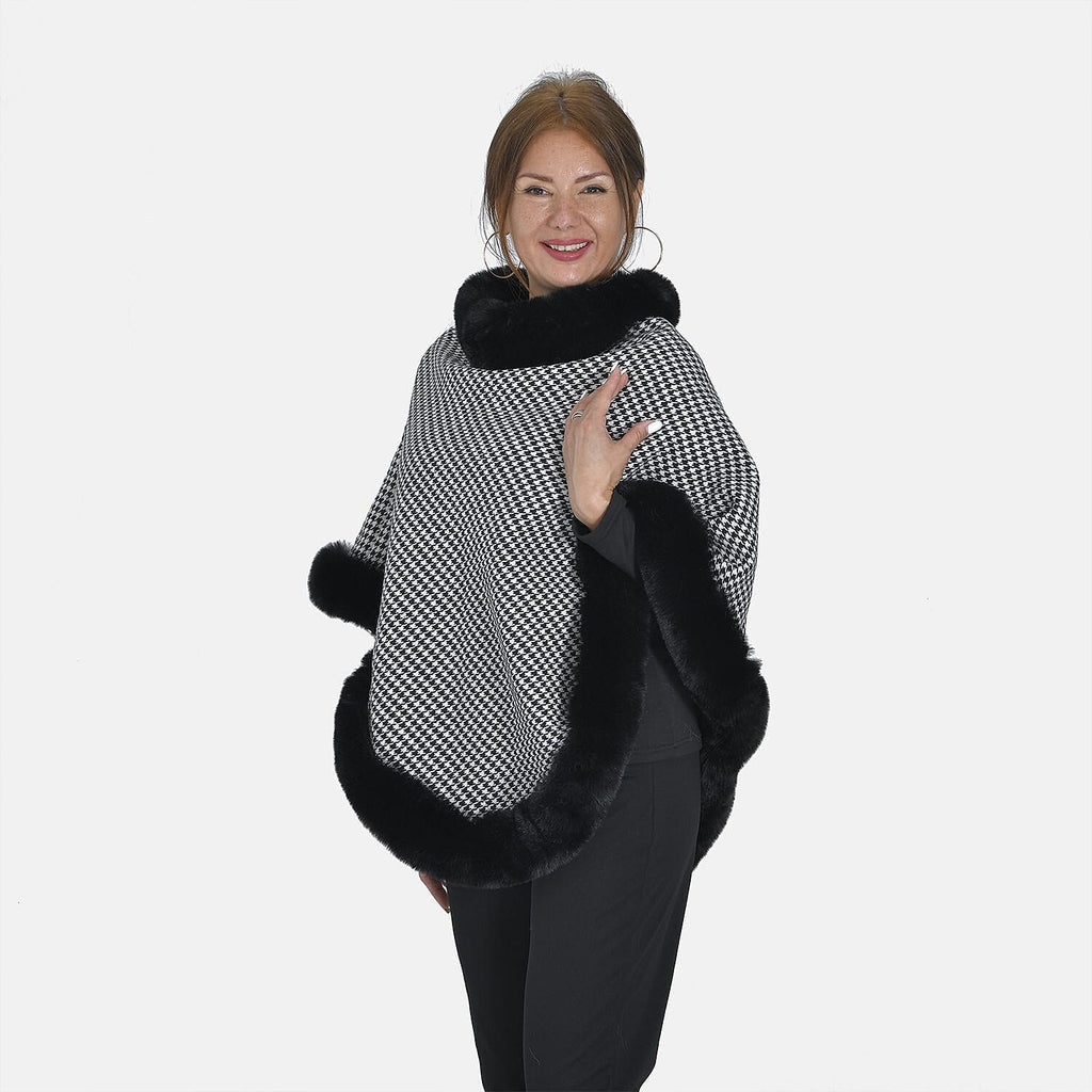 TAMSY Grid Pattern Double Layer Faux Fur Trim Poncho (Size 8-22) - Black - White