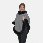TAMSY Grid Pattern Double Layer Faux Fur Trim Poncho (Size 8-22) - Black - White
