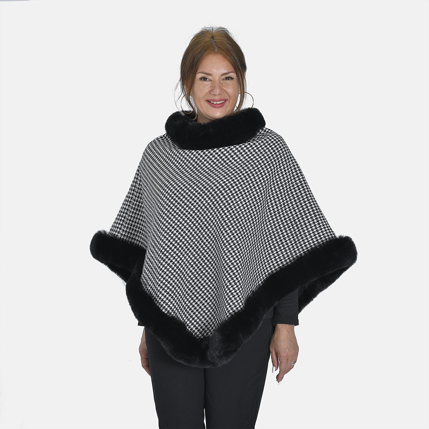 TAMSY Grid Pattern Double Layer Faux Fur Trim Poncho (Size 8-22) - Black - White