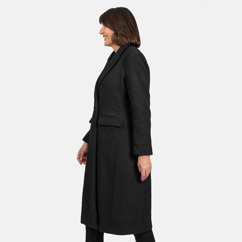 Houndstooth Black Longline Coat (Size 16, Length - 113cm) 20% Wool Blend - Classic Black