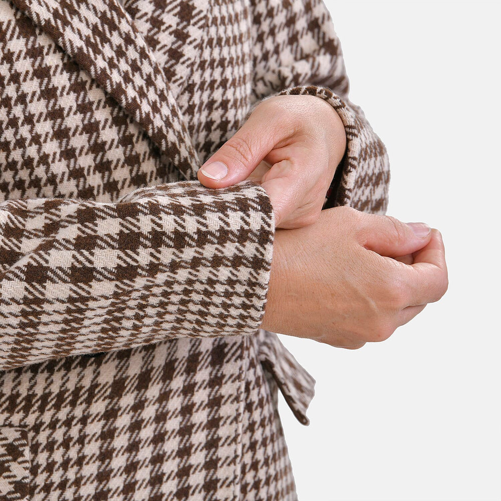 Houndstooth Pattern Longline Coat (Size 16, Length - 115.6cm) 20% Wool Blend - Khaki & Beige