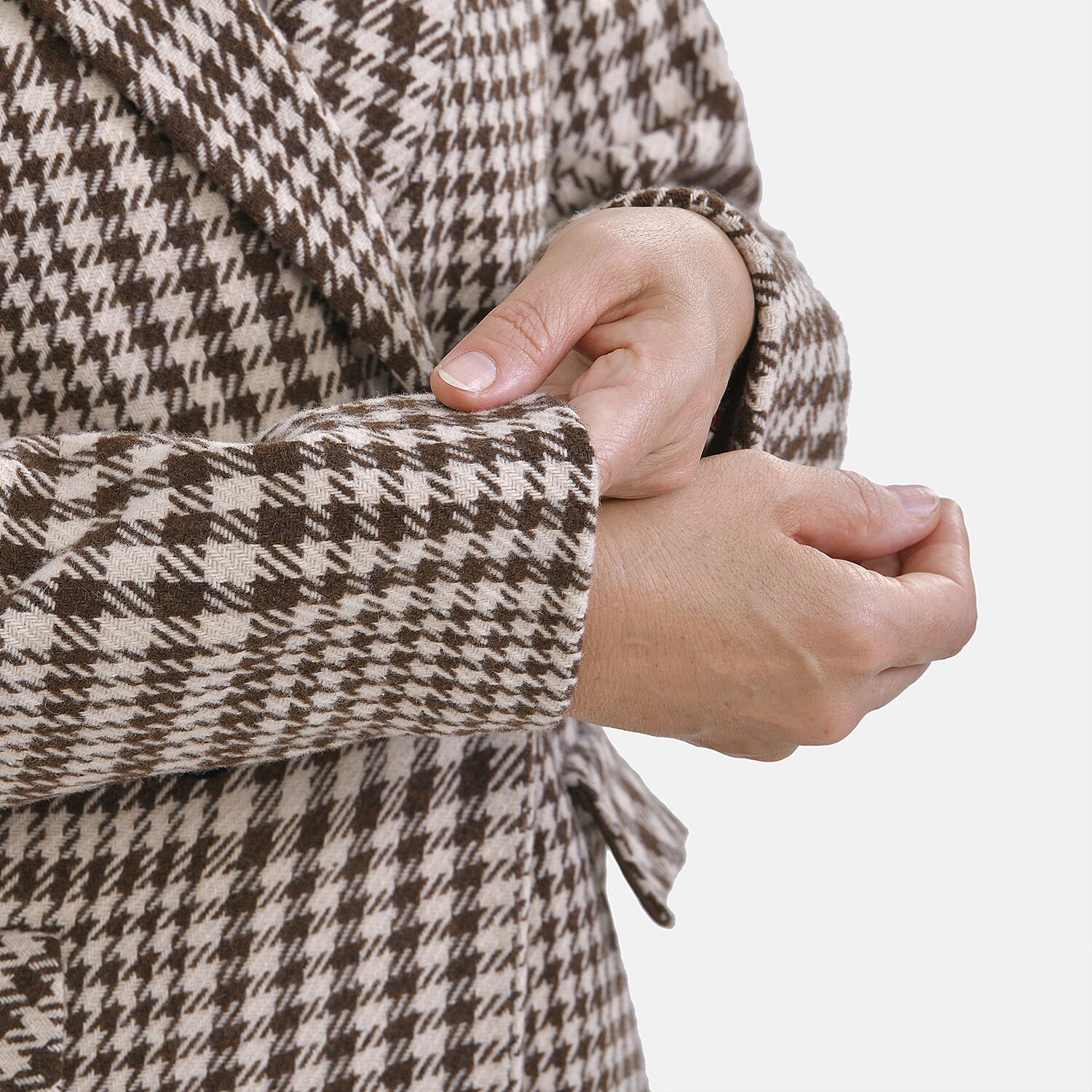 Houndstooth Pattern Longline Coat (Size 16, Length - 115.6cm) 20% Wool Blend - Khaki & Beige