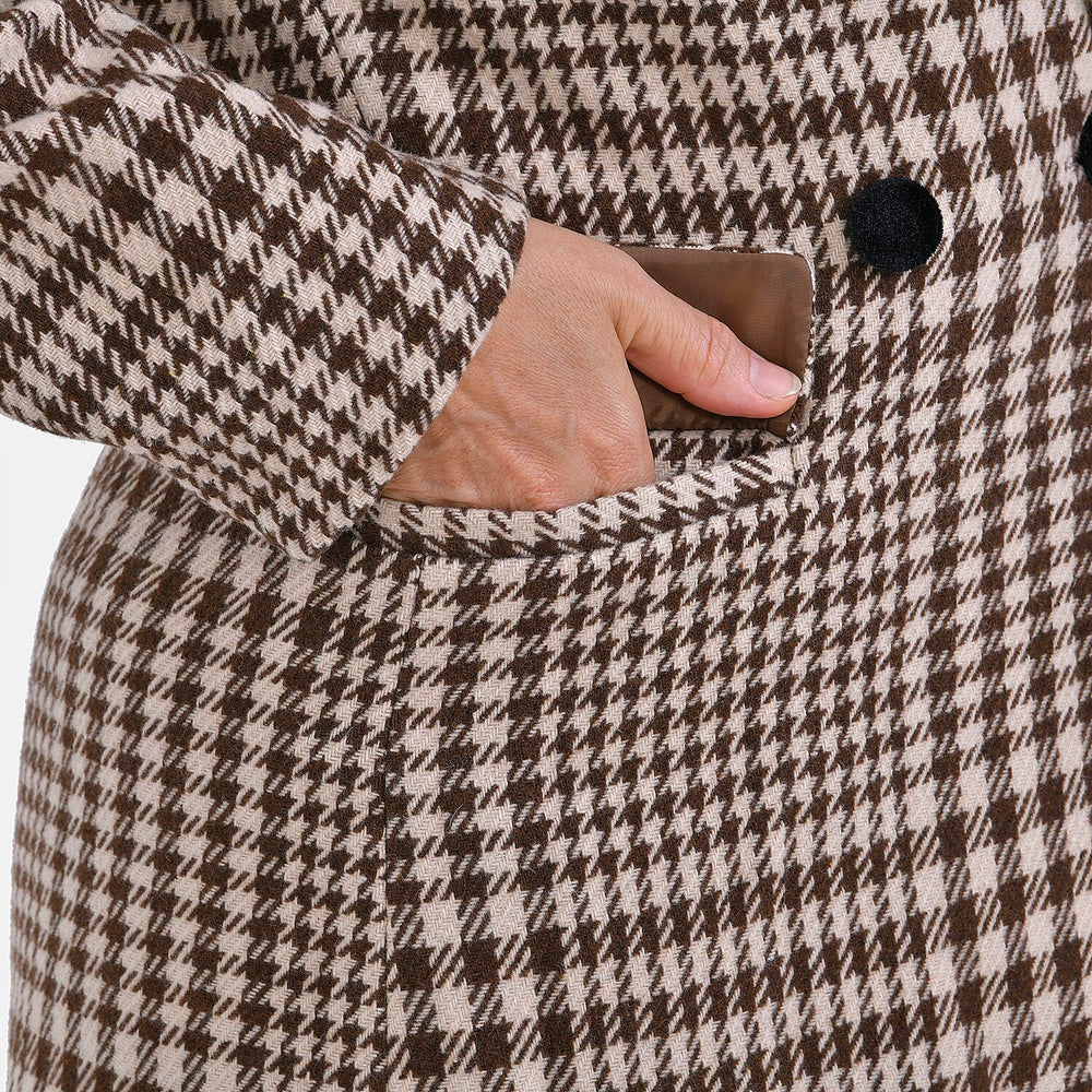 Houndstooth Pattern Longline Coat (Size 16, Length - 115.6cm) 20% Wool Blend - Khaki & Beige