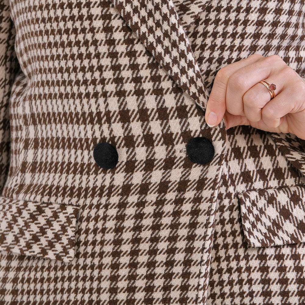 Houndstooth Pattern Longline Coat (Size 16, Length - 115.6cm) 20% Wool Blend - Khaki & Beige