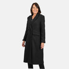 Houndstooth Black Longline Coat (Size 14, Length - 113cm) 20% Wool Blend - Classic Black