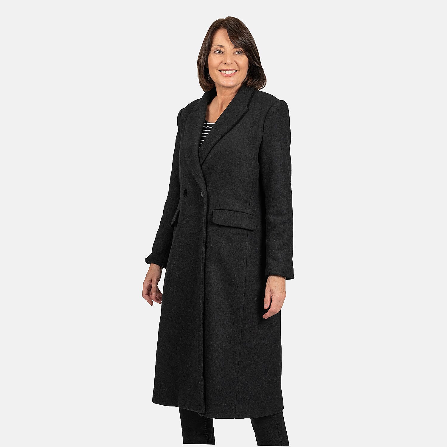 Houndstooth Black Longline Coat (Size 14, Length - 113cm) 20% Wool Blend - Classic Black