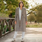 Houndstooth Pattern Longline Coat (Size 14, Length - 114.3cm) 20% Wool Blend - Khaki & Beige
