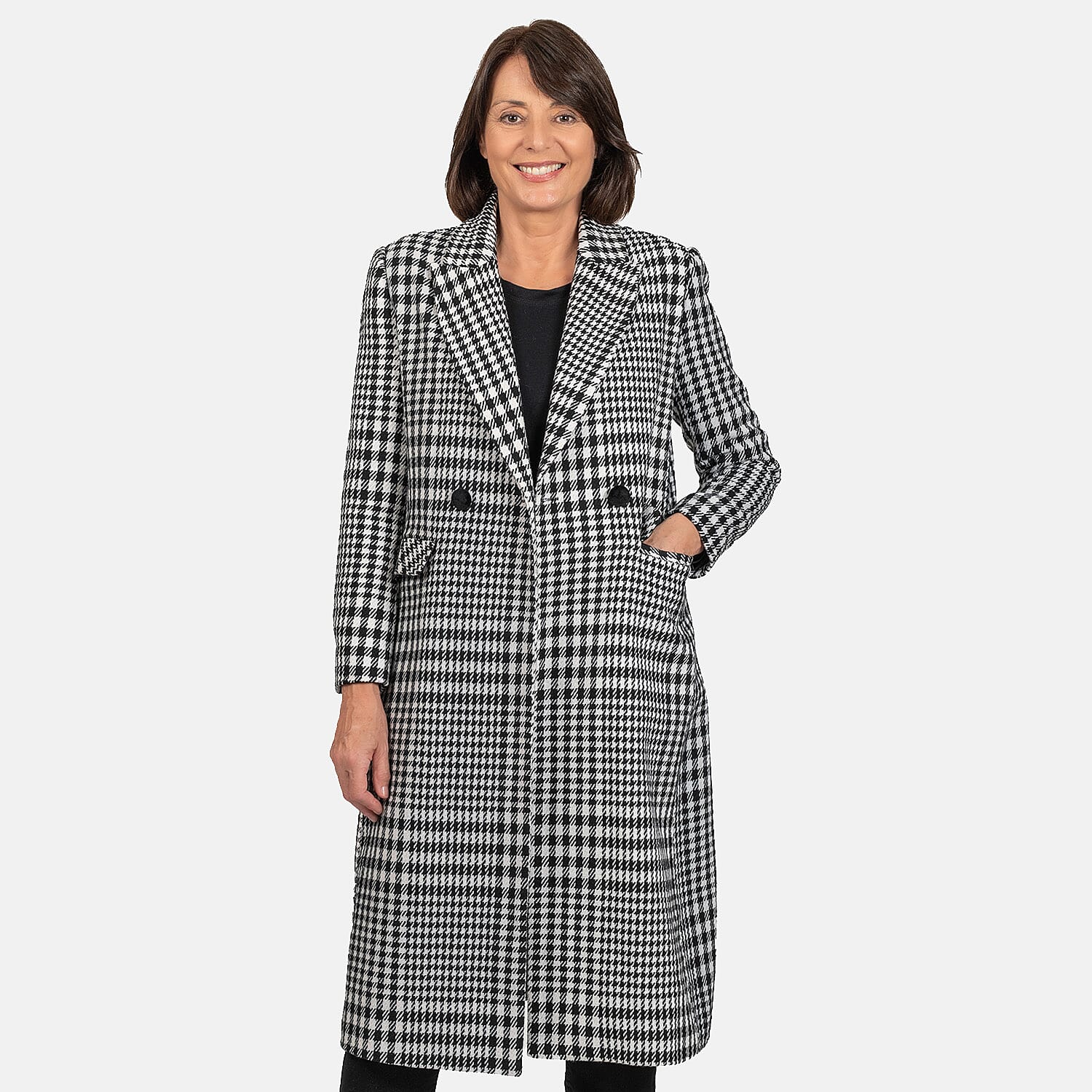 Houndstooth Pattern Longline Coat (Size 8 to 10, Length - 113cm) 20% Wool Blend - Black & White