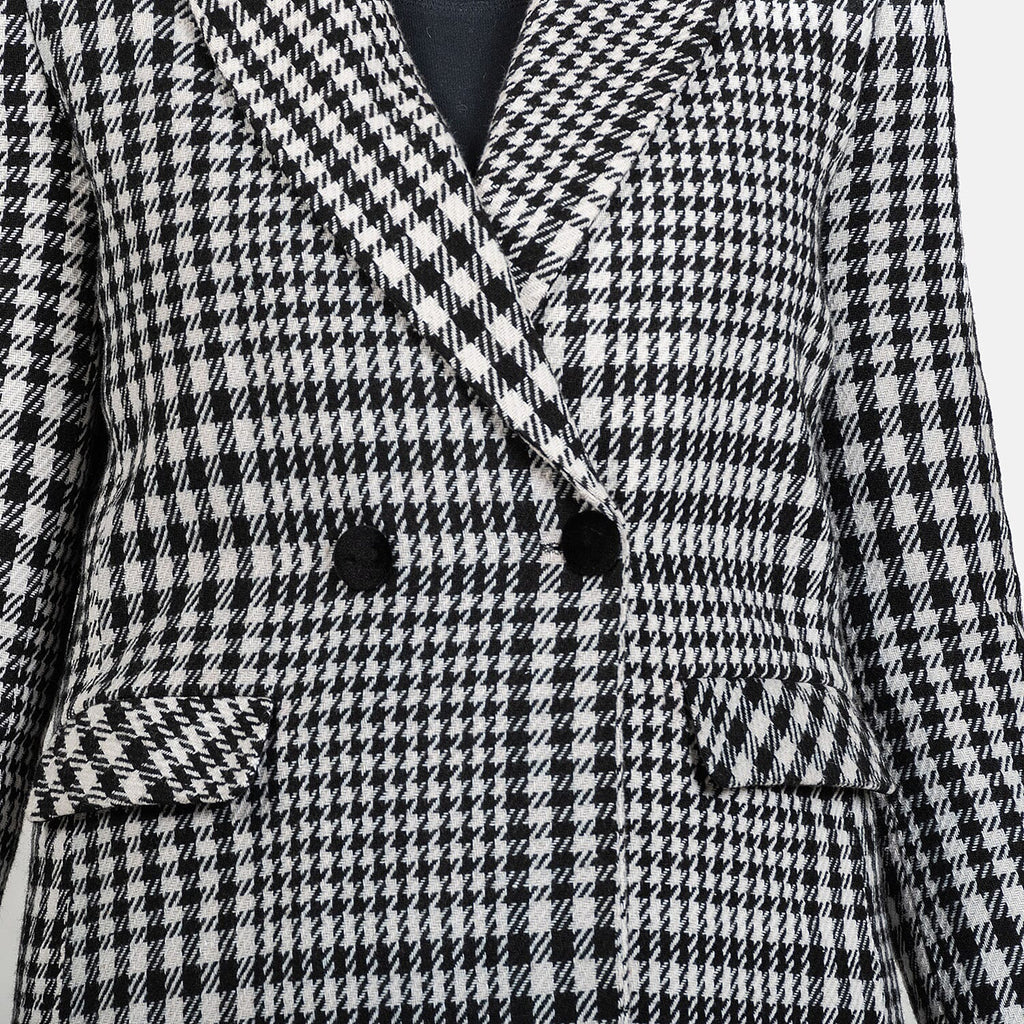 Houndstooth Pattern Longline Coat (Size 8 to 10, Length - 113cm) 20% Wool Blend - Black & White