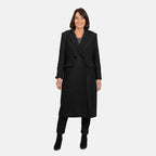 Houndstooth Black Longline Coat (Size 12, Length - 113cm) 20% Wool Blend - Classic Black