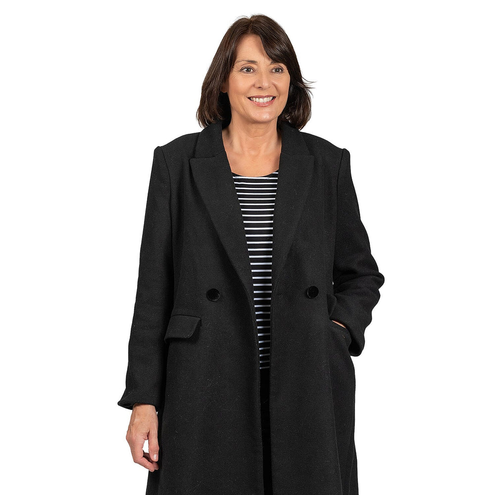 Houndstooth Black Longline Coat (Size 12, Length - 113cm) 20% Wool Blend - Classic Black
