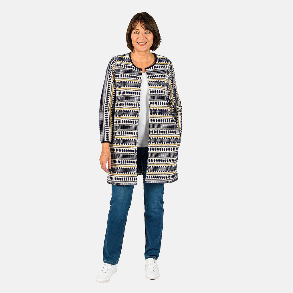 Tamsy Cotton Stripe Pattren Long Jacket (Size XXL,24-26) - Navy