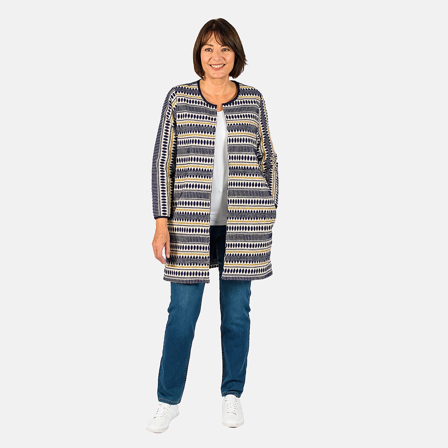 Tamsy Cotton Stripe Pattren Long Jacket (Size XXL,24-26) - Navy