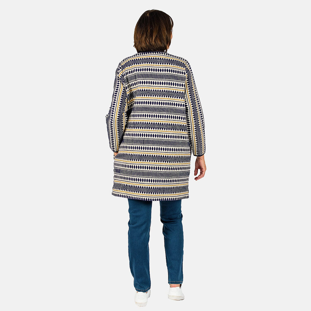 Tamsy Cotton Stripe Pattren Long Jacket (Size XXL,24-26) - Navy