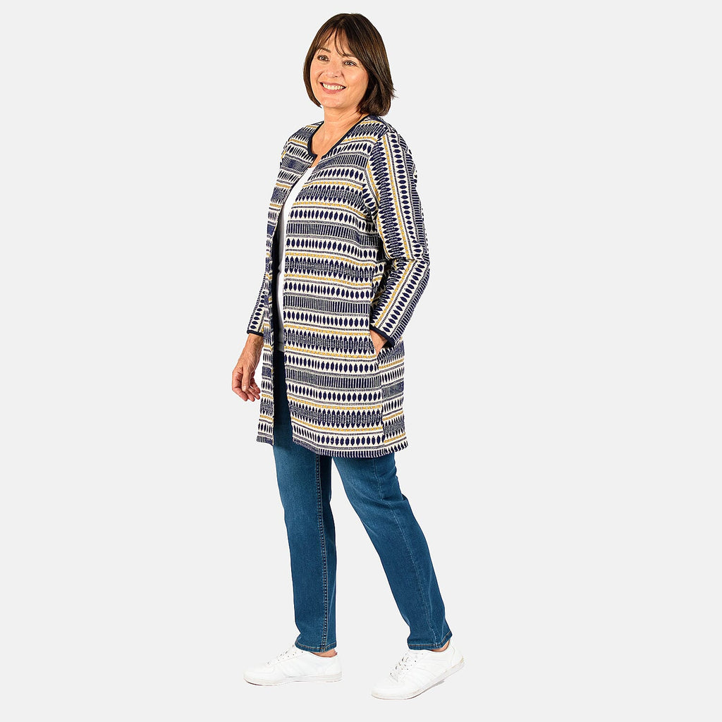 Tamsy Cotton Stripe Pattren Long Jacket (Size XXL,24-26) - Navy