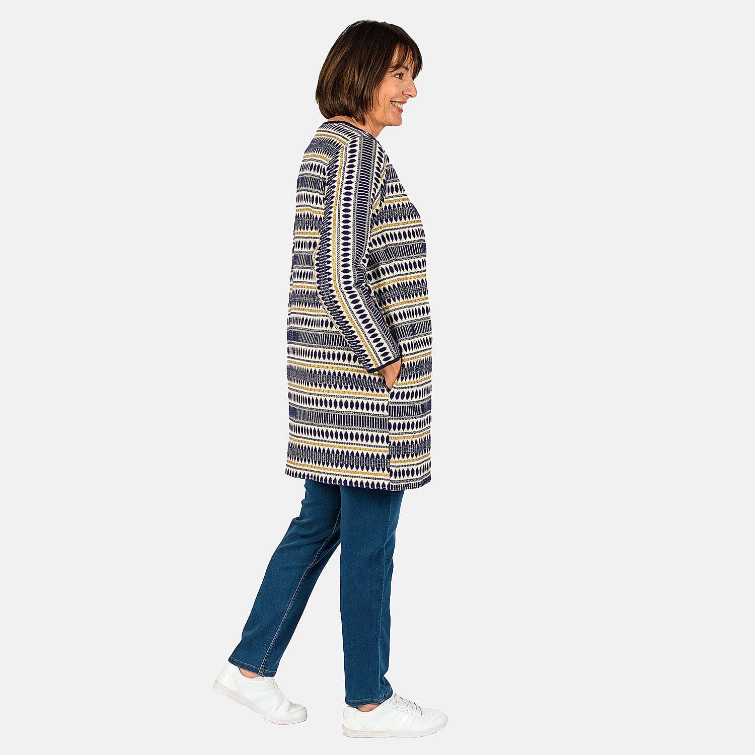 Tamsy Cotton Stripe Pattren Long Jacket (Size XXL,24-26) - Navy